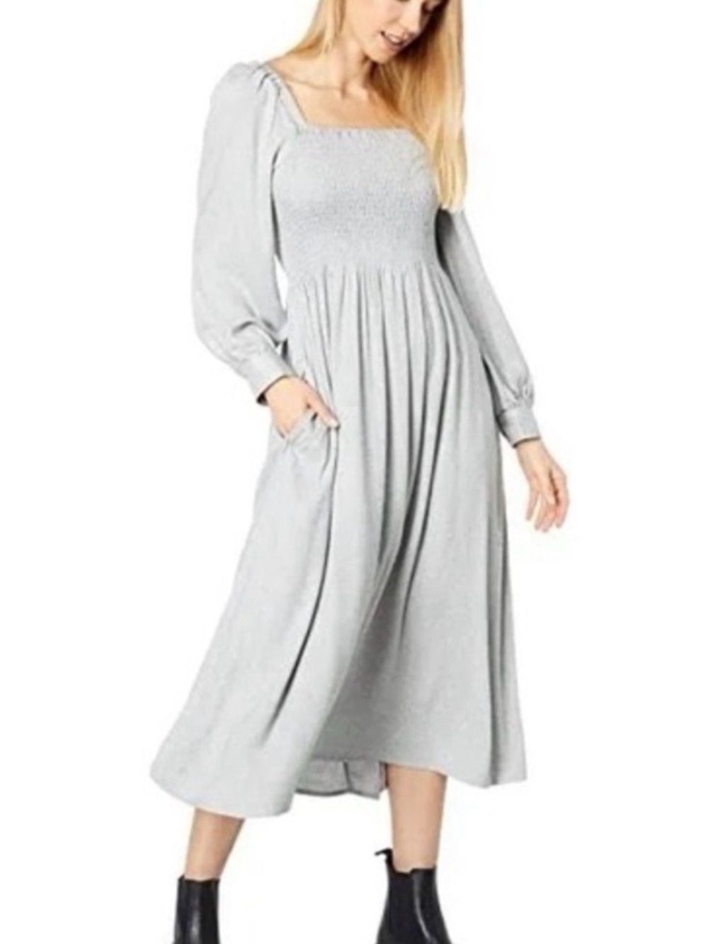 Madewell Light Gray Smocked Square-Neck Midi Dress